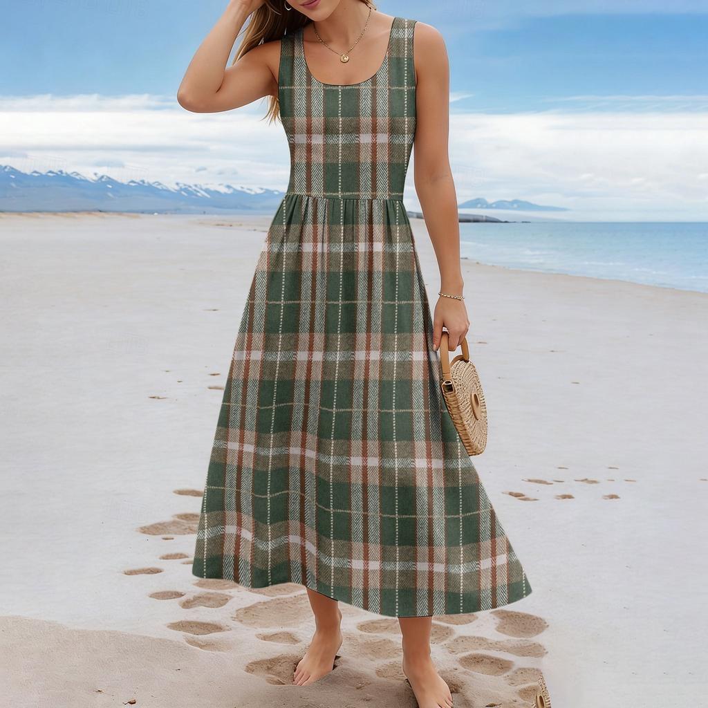Ladies' Checkered Summer Casual and Fashionable Sleeveless Long Dress