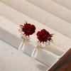 Burgundy Rose & Imitation Pearl Drop Earrings, Vintage Wedding Jewelry for Parties/Prom/Casual, Elegant Gothic Dangle Beauty Accessory