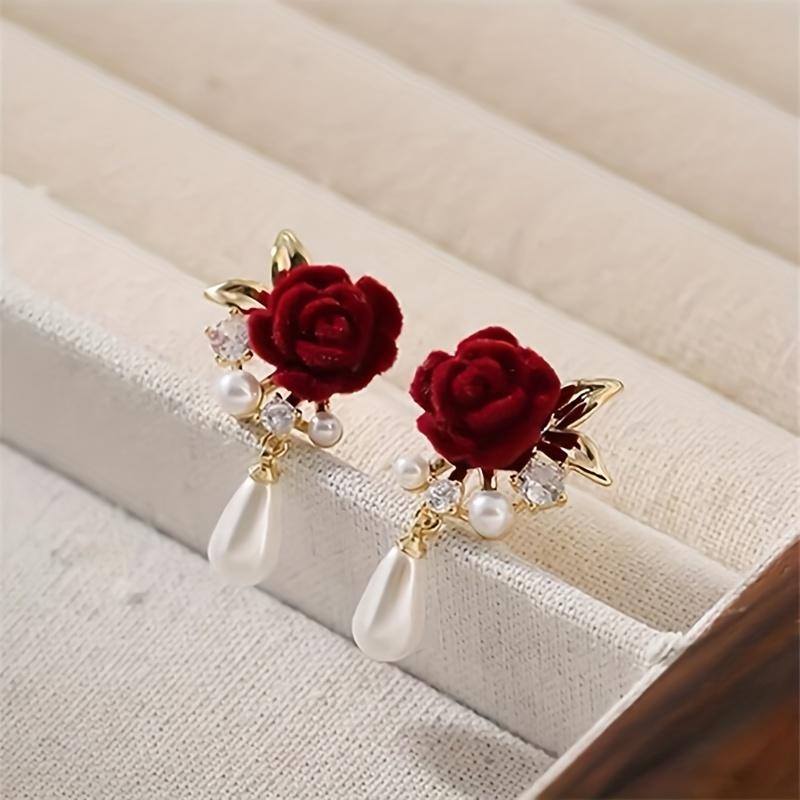 Burgundy Rose & Imitation Pearl Drop Earrings, Vintage Wedding Jewelry for Parties/Prom/Casual, Elegant Gothic Dangle Beauty Accessory