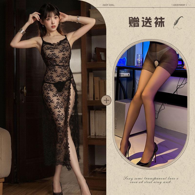 Sexy transparent lace high split chain suspender long dress pure desire wind royal sister suit temptation uniform