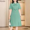 Women Casual Round Neck Solid Color Summer Short Sleeve Dress