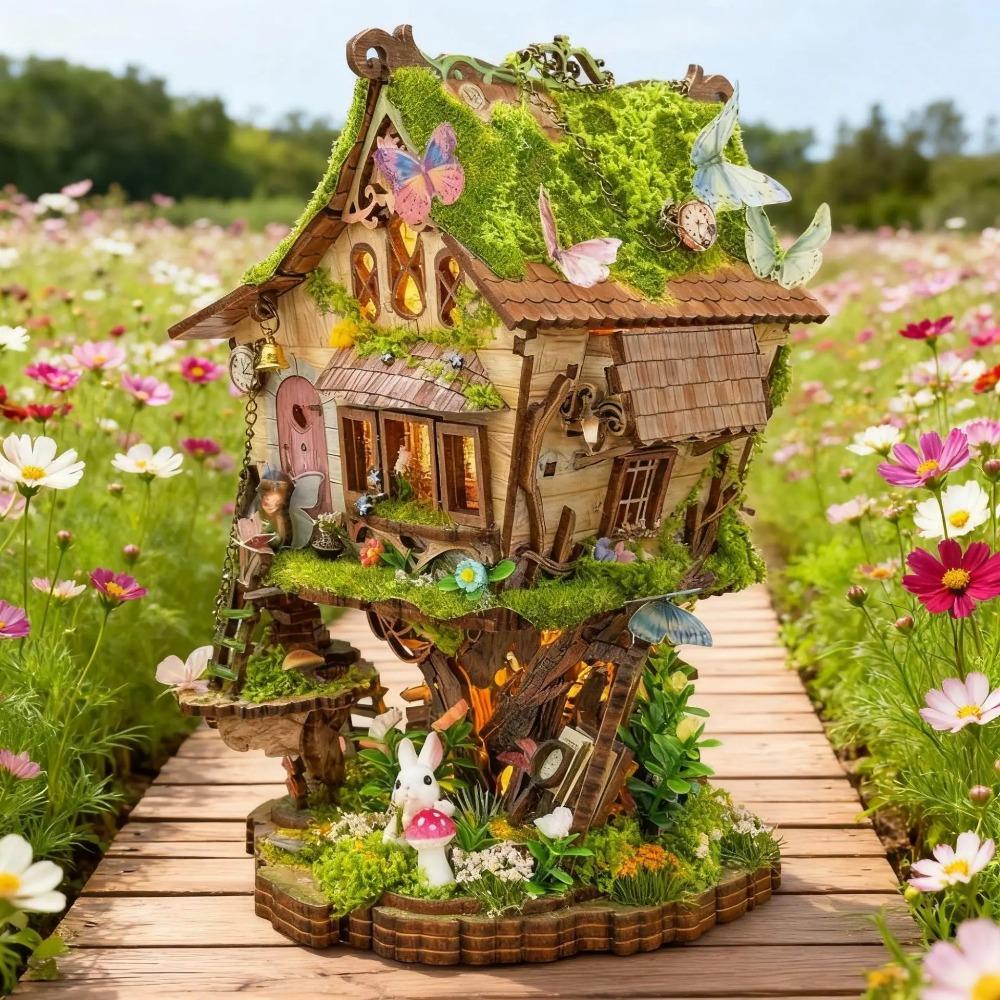 DIY Wooden Rowan's Treehouse Figurines Miniatures Assembled Casa with Light for Friends Birthday Gifts Home Decor Crafts