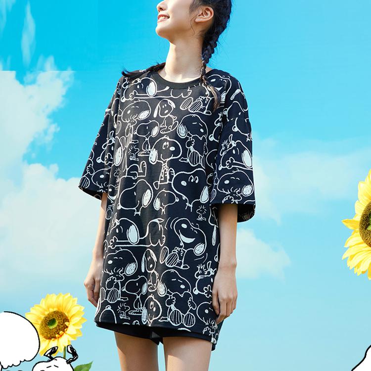 Anta X Snoopy Co-Branded Life Series Cartoon Full-Print Loose-Fit Knit Short-Sleeve T-Shirt Unisex Tops Black 952129113-2