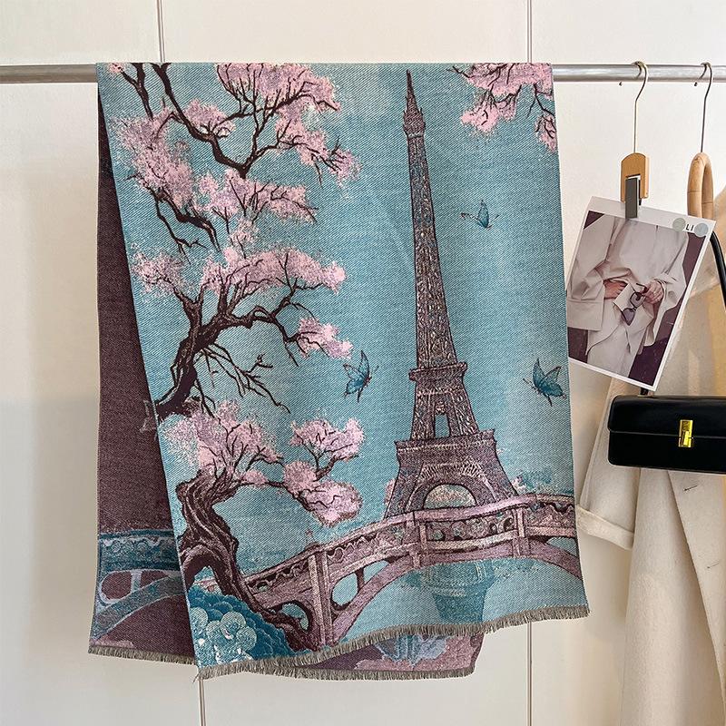 Autumn And Winter National Style Plants And Flowers Landscape Painting Elegant Women Warm Scarf Fashion Retro Shawl