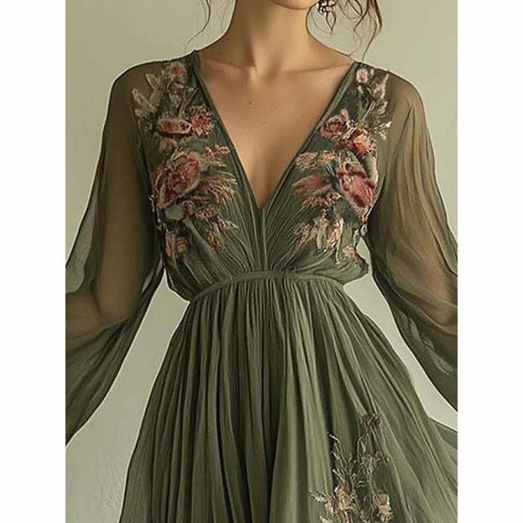 Floral Print Maxi Dress Women Long Sleeve V Neck High Waist Loose Party Dress Sexy Hollow Spring