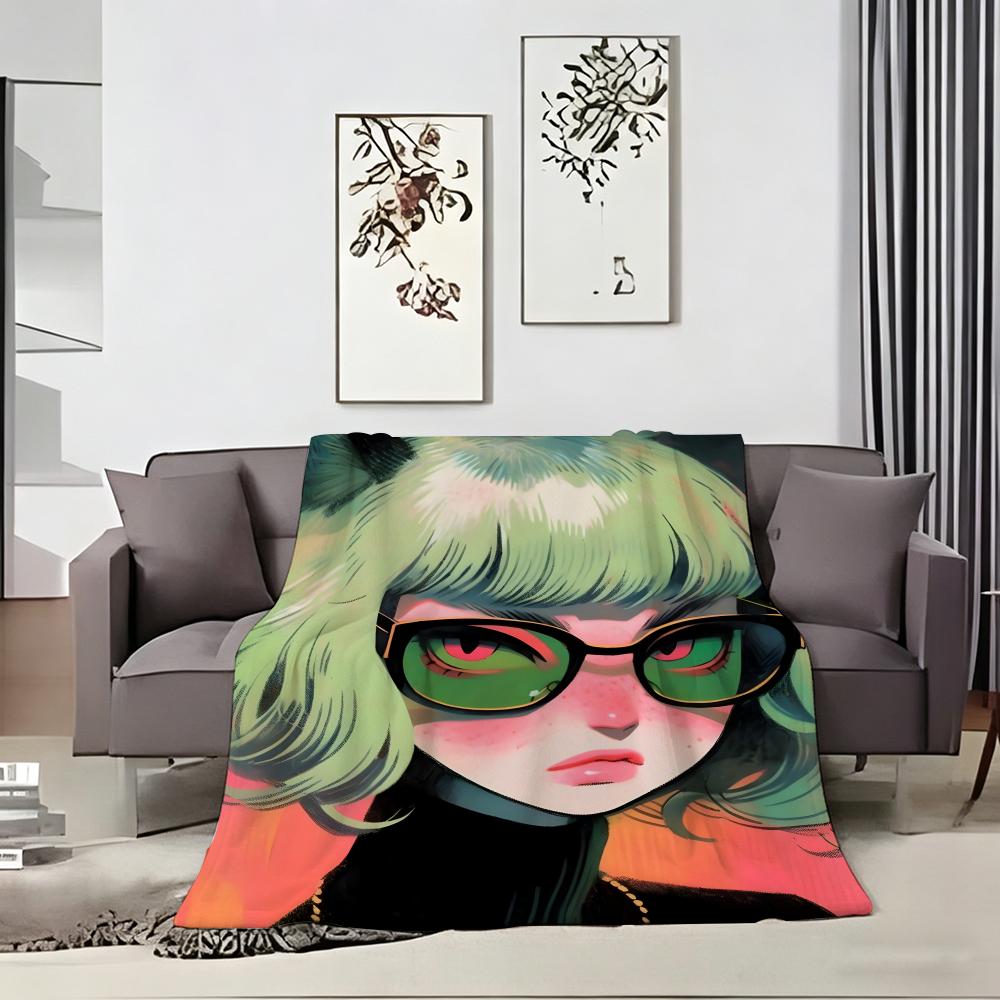 Artwork C-Cat Ear Girl Throw Lightweight 240g Flannel Blanket Soft Skin-friendly for Summer Cooling