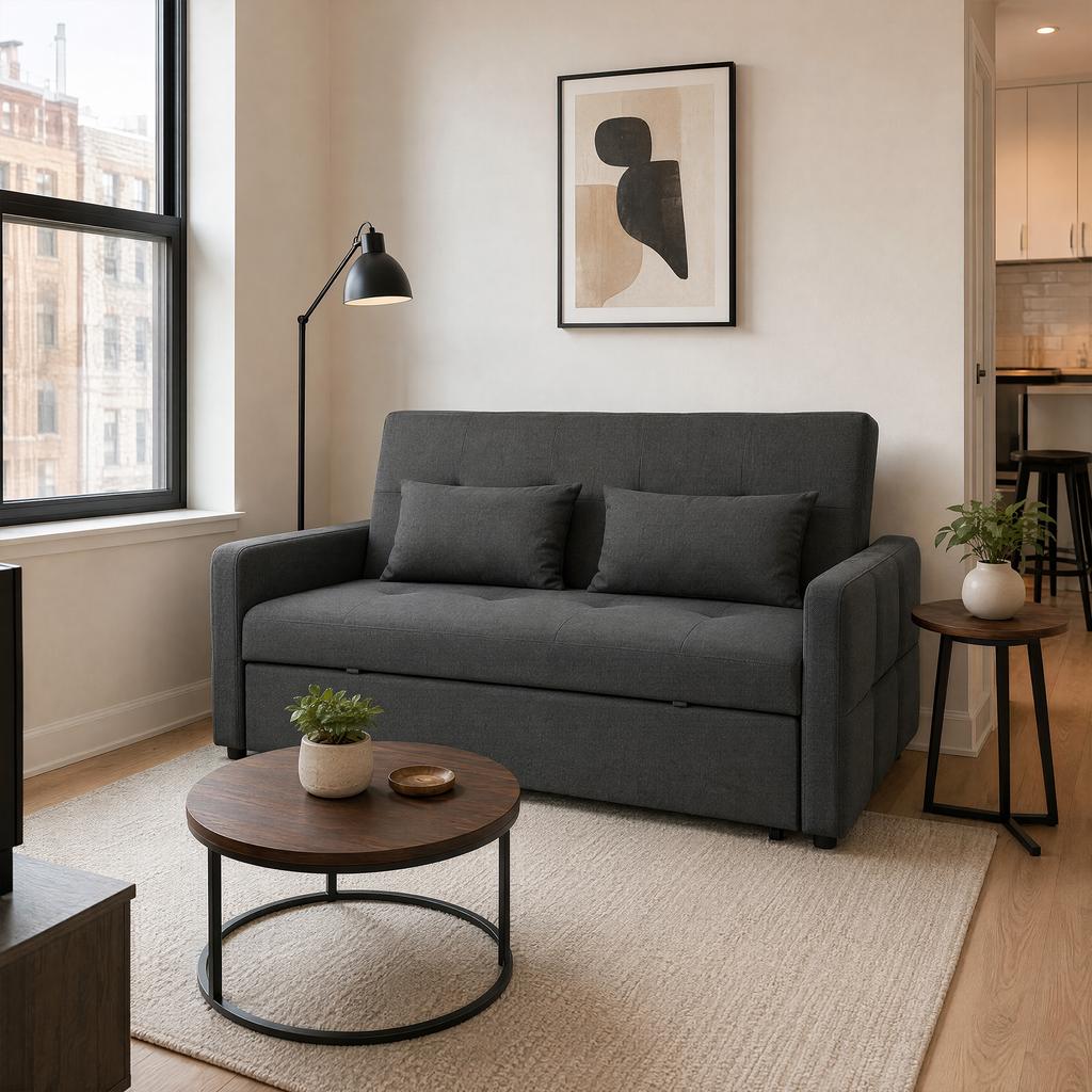 Convertible Sofa, 2-Seater, 3-in-1 Click-Clack Bed, 160 cm, 2 Pillows, Dark Grey