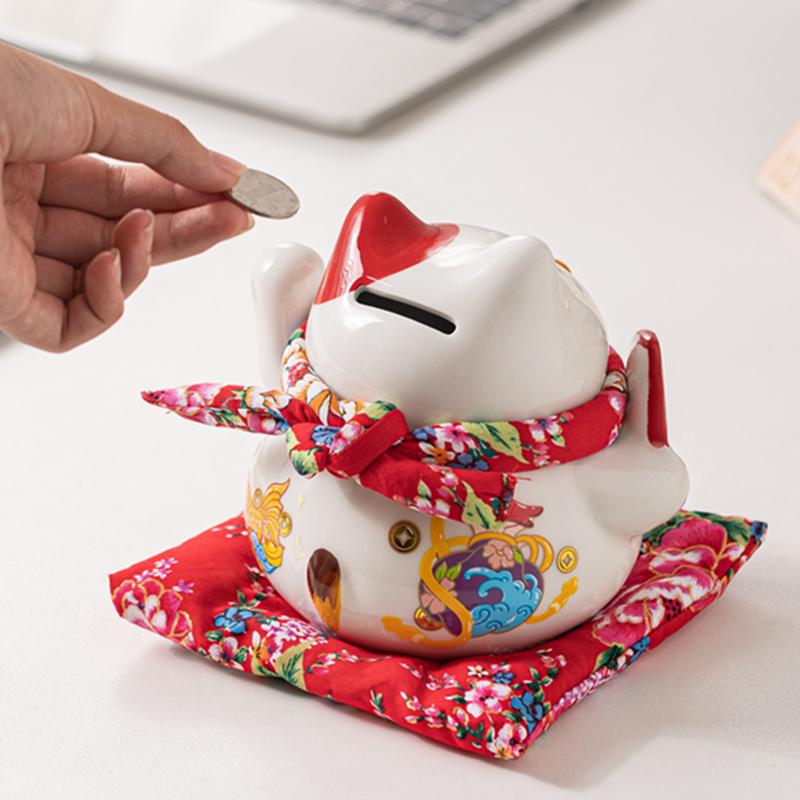 6 Inch Ceramic Lucky Cat Money Box Ornament Maneki Neko Decoration Figure Feng Shui Fortune Cat Business Gift