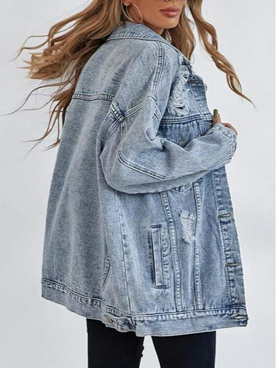 Women's Oversized Ripped Denim Boyfriend Jacket