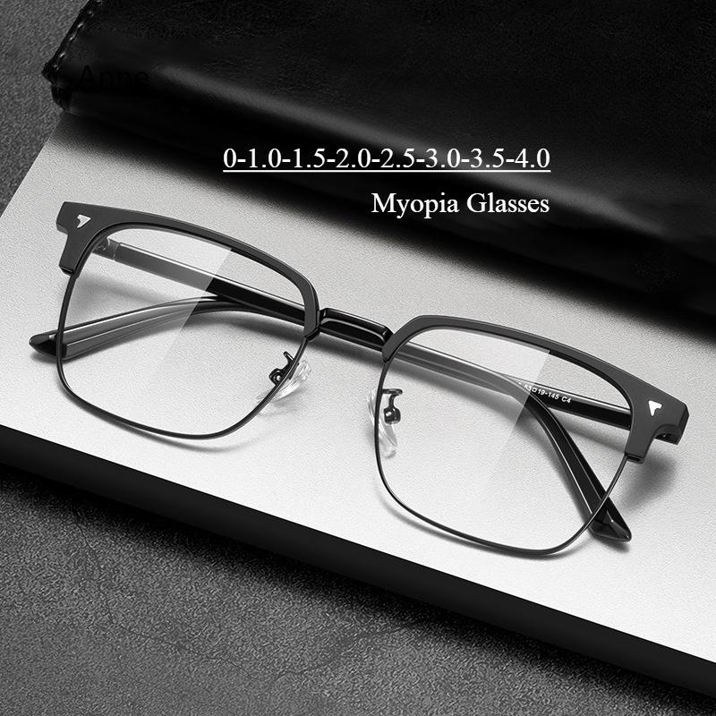 Men's Half Frame Square Myopic Glasses Vintage Business Blue Light Blocking Minus Diopter Eyeglasses Fashion Near Sight Eyewear