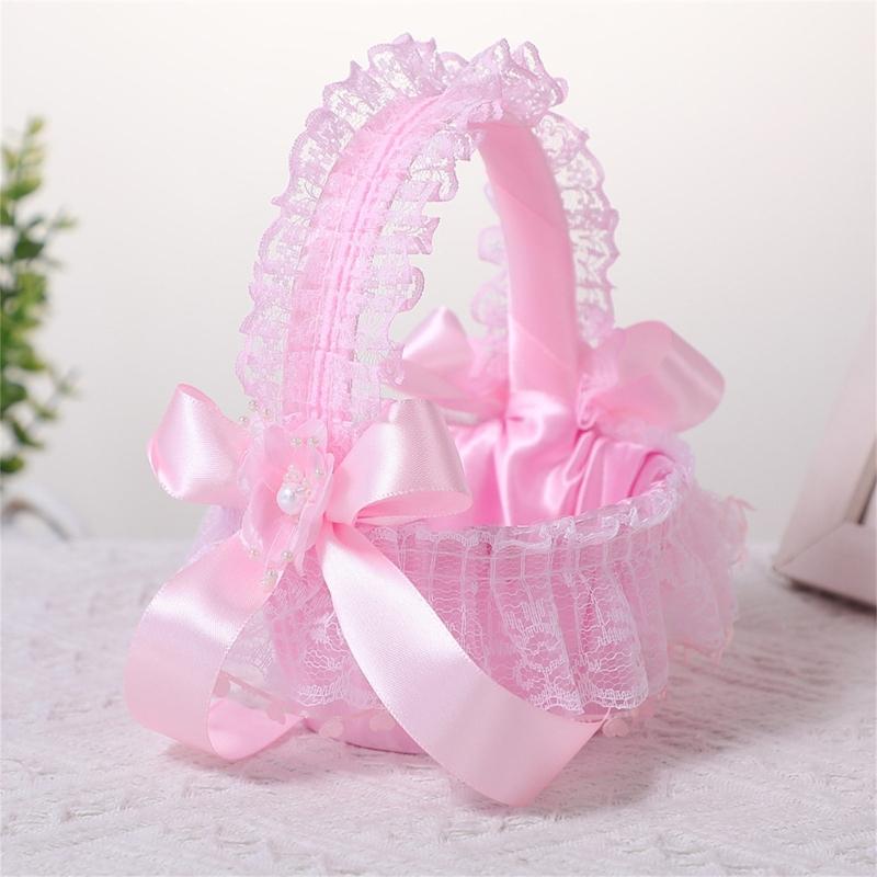 Wedding Flower Girl Basket with Lace Trim Handle Bowknot Flower Baskets for Wedding Ceremony Party Floral Arrangement
