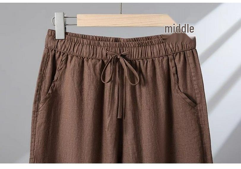 Hohe Taille Baumwolle Leinen Damen Weite Beine Verkürzte Hosen - Koreanischer Stil, Große Größen, Kordelzug, für Frühling, Sommer, Herbst