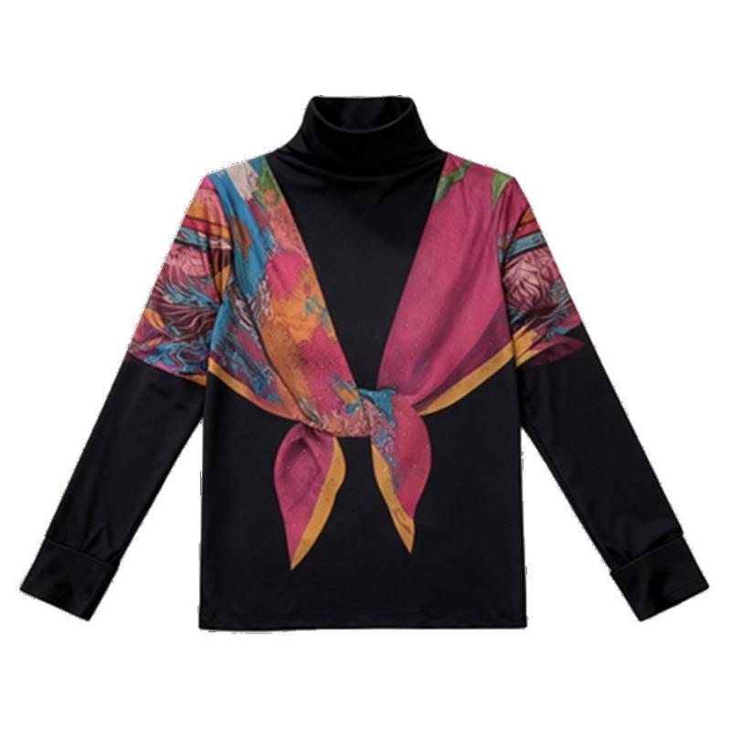 Autumn and Winter New Fashion Fake Two-piece Printed Western-style Long-sleeved Half Turtleneck Bottoming Shirt Top