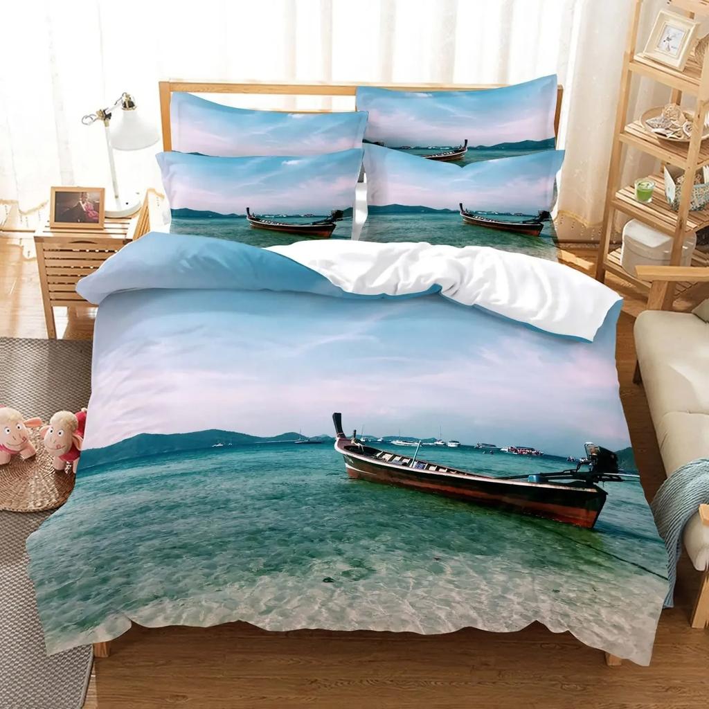 Pirate Sailboat Duvet Cover Nautical Ocean Theme Boys Teen Bedding Cool Style Adult Bedding Set Wave Pattern Printed Room Decor