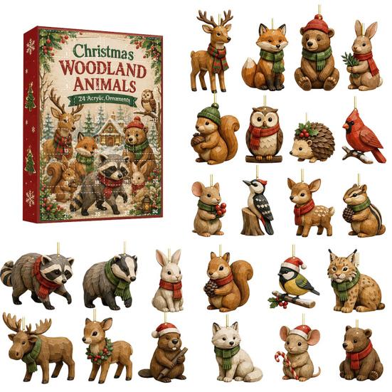 Christmas Tree Decor 24 Days Advent Calendar 2026, 2D Acrylic Reading Cats/Dogs/Forest Animals Ornament Countdown Calendar, Cute Pet Pendants for Xmas