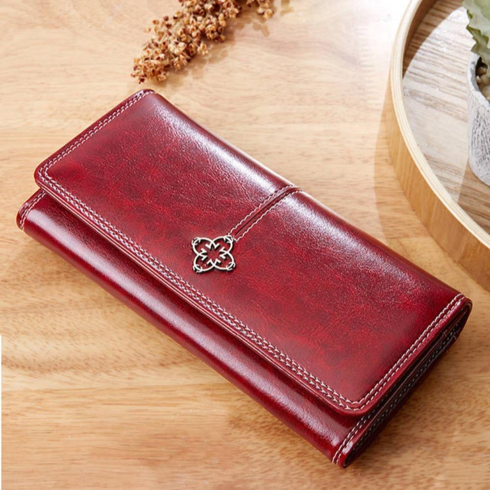 Vintage Fashion Oil Wax Leather Large Capacity Women's Long Wallets Clutch Multi-card Position Foldable Zipper Agraffe