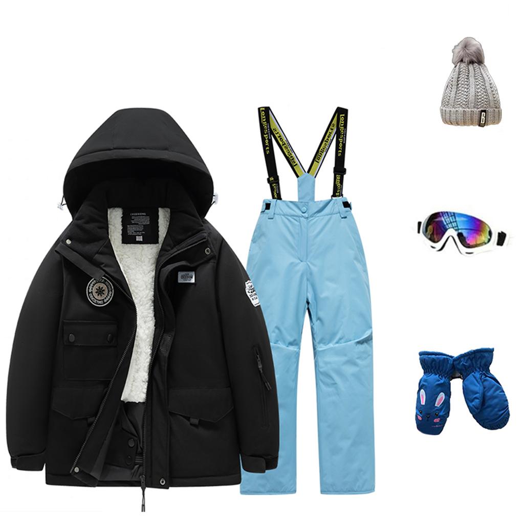 Dětská módní lyžařská souprava pro chlapce a dívky, zateplená, voděodolná, termo lyžařská souprava, pětidílný komplet s bundou a kalhotami