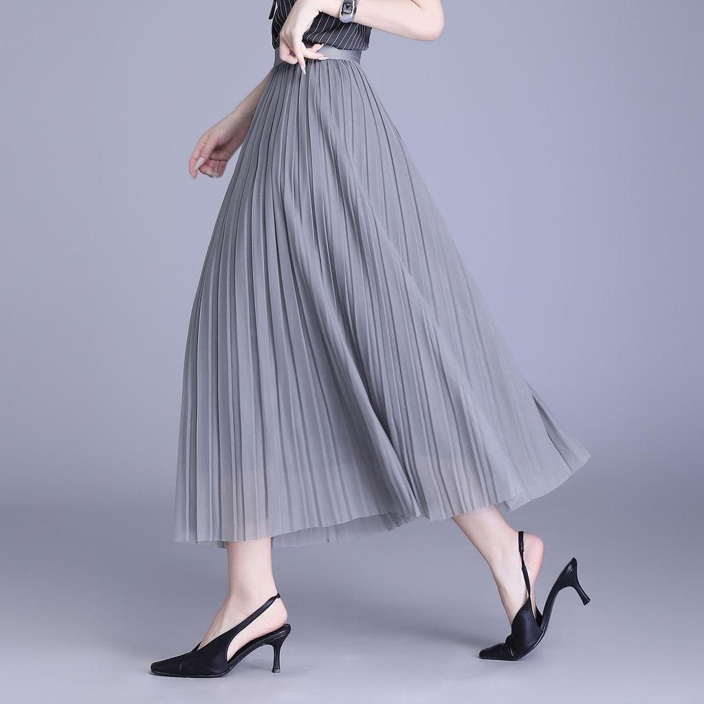 Solid Color High-Waisted Mesh Midi Skirt with Elastic Waist and Lurex Drape
