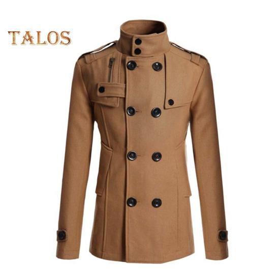 Men Woolen Coat Stand Collar Long Sleeve Windbreaker with Double-Breasted Closure Pockets Solid Color Mid-Length Outwear