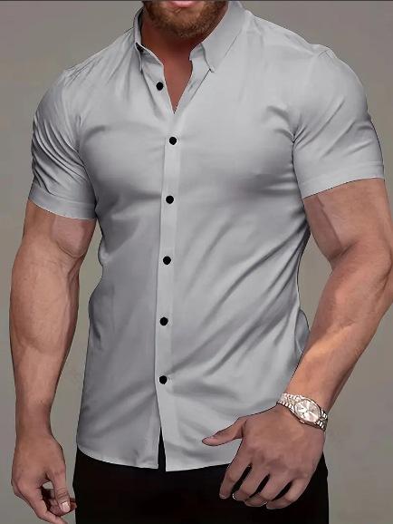 European And American Men'S Short-Sleeved Shirt 3D Digital Printing Casual Versatile Solid Color Muscle Men'S Lapel Shirt