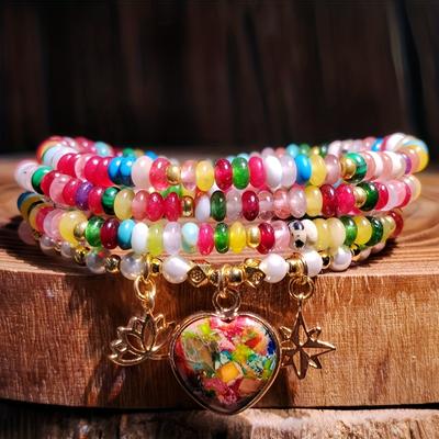 Bohemian Style Natural Colored Agate Elastic Heart-shaped Bracelet, Suitable for Everyday Wear, Parties, Vacations, and Can Also Be Worn As a Necklace