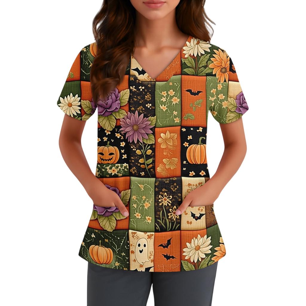 Women V Neck Short Sleeve Halloween Print Top with Pocket Scrub Shirt for Healthcare Professionals Uniform