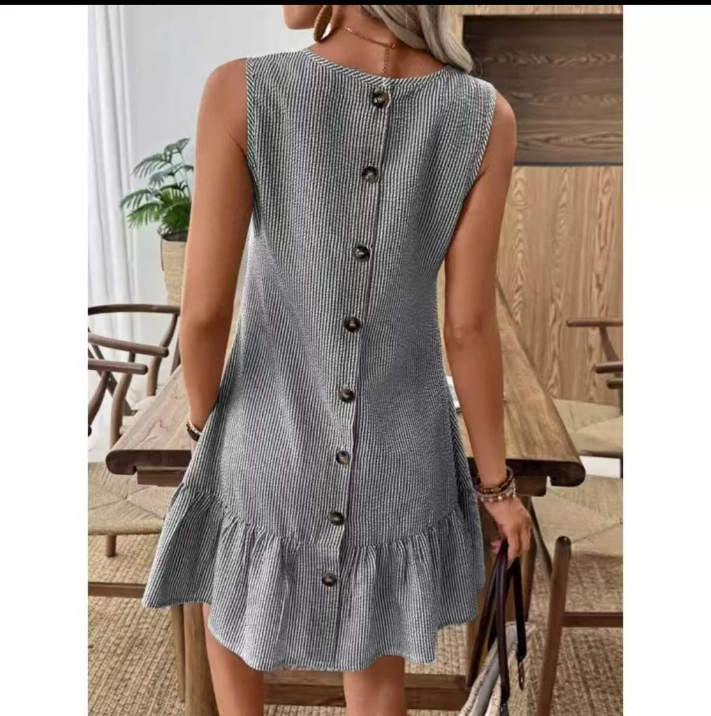 2026 Women's Casual Striped Button-Back Mini Dress - Vacation Style