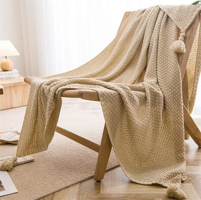 Nordische Decken für Bett, Sofa, Couch, grob gestrickte Tagesdecke, gestrickte Überwurfdecke mit Quaste, einfarbig, Waffel-geprägte Decke
