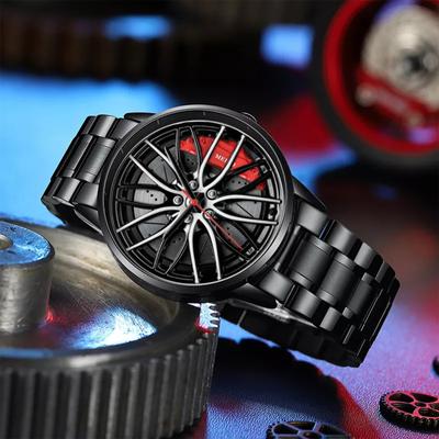 Pánské hodinky do auta, Vodotěsné náramkové hodinky Quartz z nerezové oceli Sportovní pánské hodinky s designem náboje ráfku kola