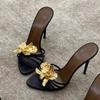Gold Flower Decor High Heels Slippers Vintage Black Leather 2025 Summer New in Sexy Women's Sandals Luxury Designer Party Shoes