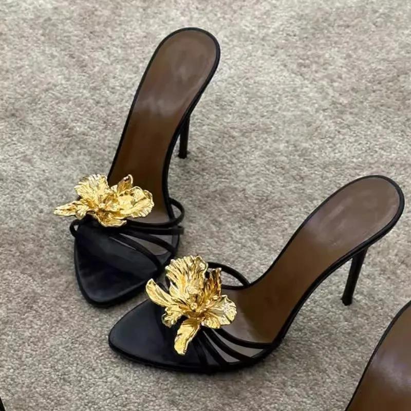 Gold Flower Decor High Heels Slippers Vintage Black Leather 2025 Summer New in Sexy Women's Sandals Luxury Designer Party Shoes
