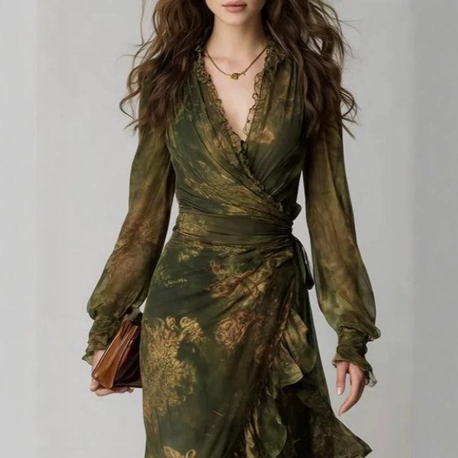 New Chiffon Printed V-neck Floral Pendulum Dress In Autumn, Europe and the United States