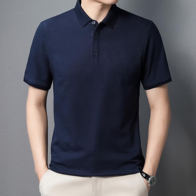 Letní nové stylové hedvábné bavlněné klopové polo tričko s krátkým rukávem, jednobarevné, prodyšné tričko, pánské základní oblečení