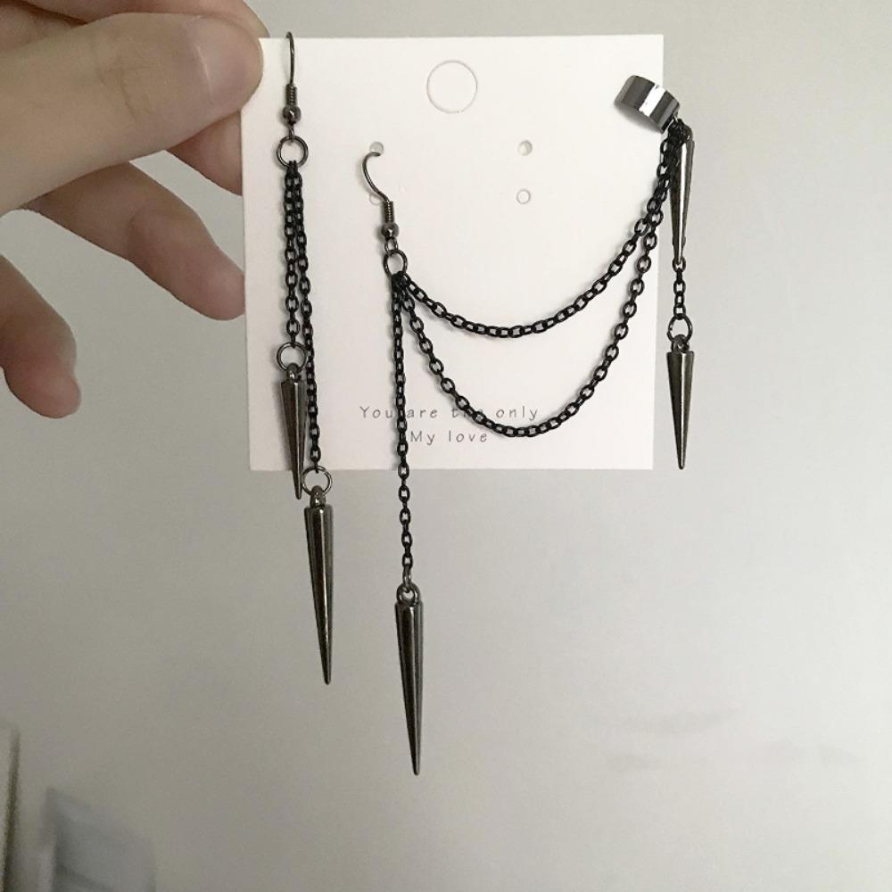 New Fashion Creative Trend Men's Retro Black Tassel Long Chain Punk Earrings Hip Hop Rivets Earrings Female Gothic Party Jewelry