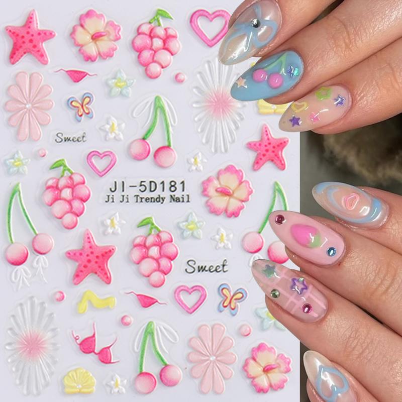 5D Bow Nail Sticker 3D Relief Cherry Bowknot Flower Summer Personalized Nail Back Adhesive Sticker Diy Nail Decoration Materials