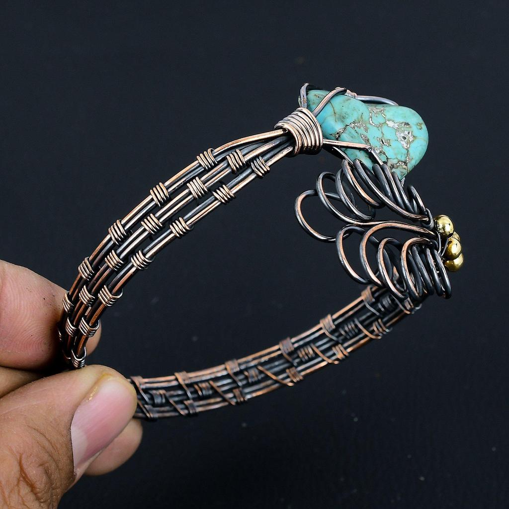 Türkis Armreif, Handgefertigter Edelstein-Armreif, 999 Kupferdraht umwickelter Antikschmuck, Für Verlobungsgeschenk