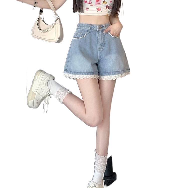Sweet & Spicy High-Waist Denim A-Line Shorts with Beaded Lace, Plus Size & Petite