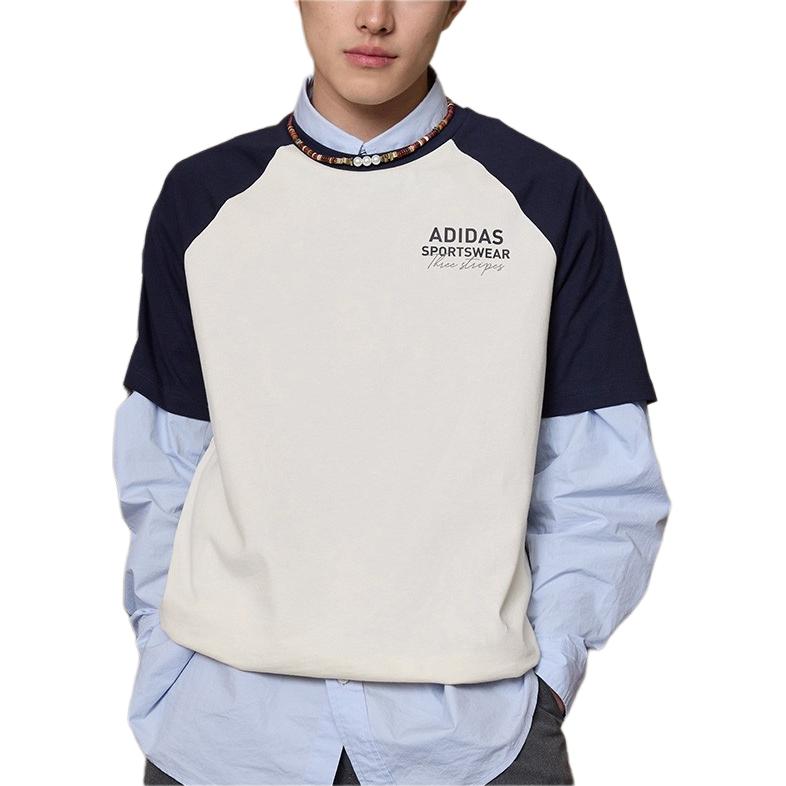 adidas SS25 Casual Comfortable Color Block Soft Round Neck Raglan Sleeve T-Shirt Unisex Tops White Black JZ7404