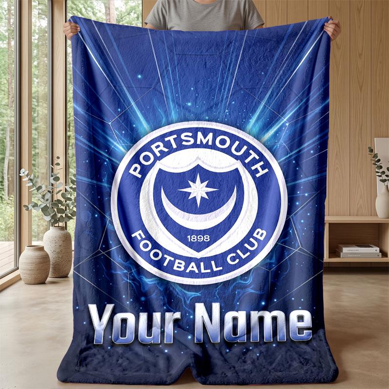 Portsmouth FC Custom Name Text Flannel Blanket Soccer Logo Personalized Fleece Throw Blanket Special Gift For Sofa Bedroom Home