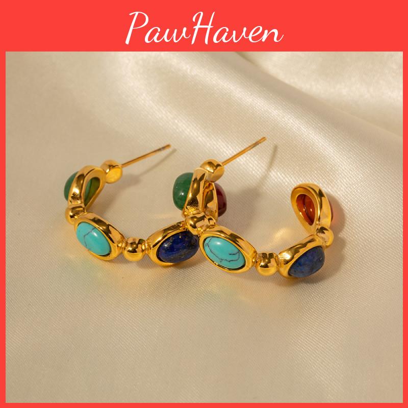 Fashionable And Versatile Stainless Steel Earrings With 18k Gold Plating Geometric Shape Embedded Natural Stone