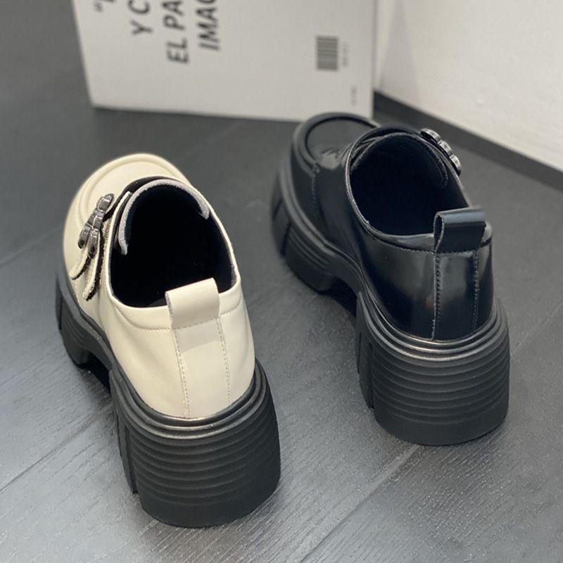 Retro lightweight thick-soled one-word buckle temperament small leather shoes women's 2024 autumn and winter new French sweet and cool loafers single