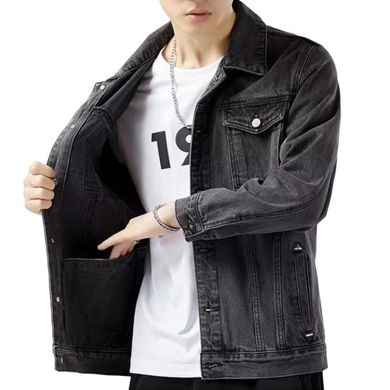 

Мужская джинсовая куртка с лацканами, длинными рукавами, карманами-клапанами, однотонное пальто с застежкой на пуговицы, повседневная джинсовая верхняя одежда, повседневная одежда M