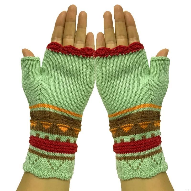 Stylish Half Finger Gloves for Women Knitted Winter Wrist Warmers with Floral Embroidery X3UC
