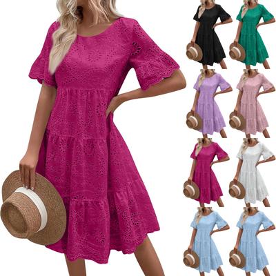 Fashionable Solid Color Cotton Embroidered Lace Hollow Dress