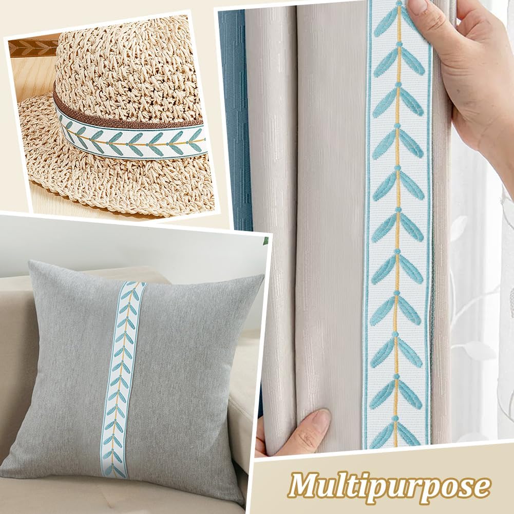 OLYCRAFT 13.1 Yards Jacquard Ribbon Trim 1.2 inch Wide Leaf Pattern Jacquard Polyester Ribbons Light Blue Leaf Jacquard Woven Embroidery Trim for DIY