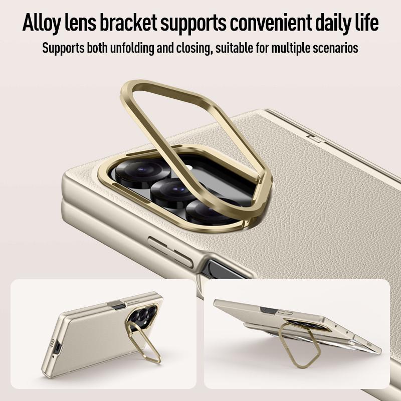 Magnetic Metal Ring Bracket Phone Case for Samsung Galaxy Z Fold 6 5G with Lens Stand Skin Feel Leather Hinge Protective Cover