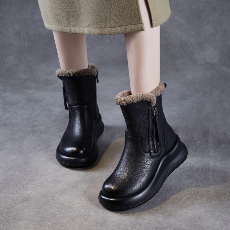 Johnature Thick Soled Genuine Leather Women's Boots Plush Warm Cotton Shoes Versatile Mid-calf Boots