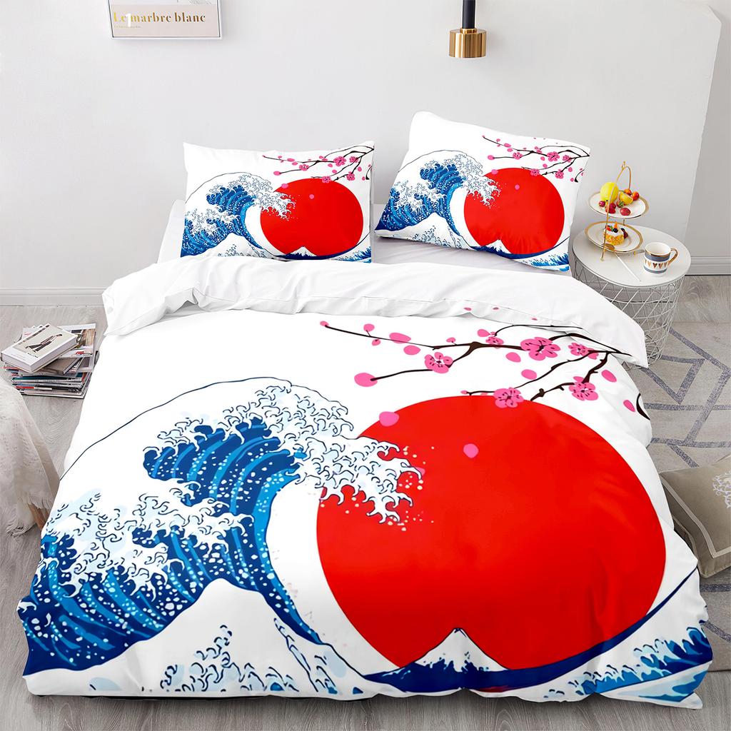 Ukiyo-e Weiches Bettbezug-Set King Quen Ful Größe Abmessungen Thema Wellenmuster Polyester Bettwäsche-Set Fuji Berg Exotischer Abstrakter Stil