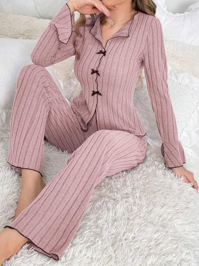Europäischer und amerikanischer Damen-Revers-Schleifen-Pyjama-Set - Sexy Oberteil mit langen Ärmeln & lange Hose für Herbst/Winter