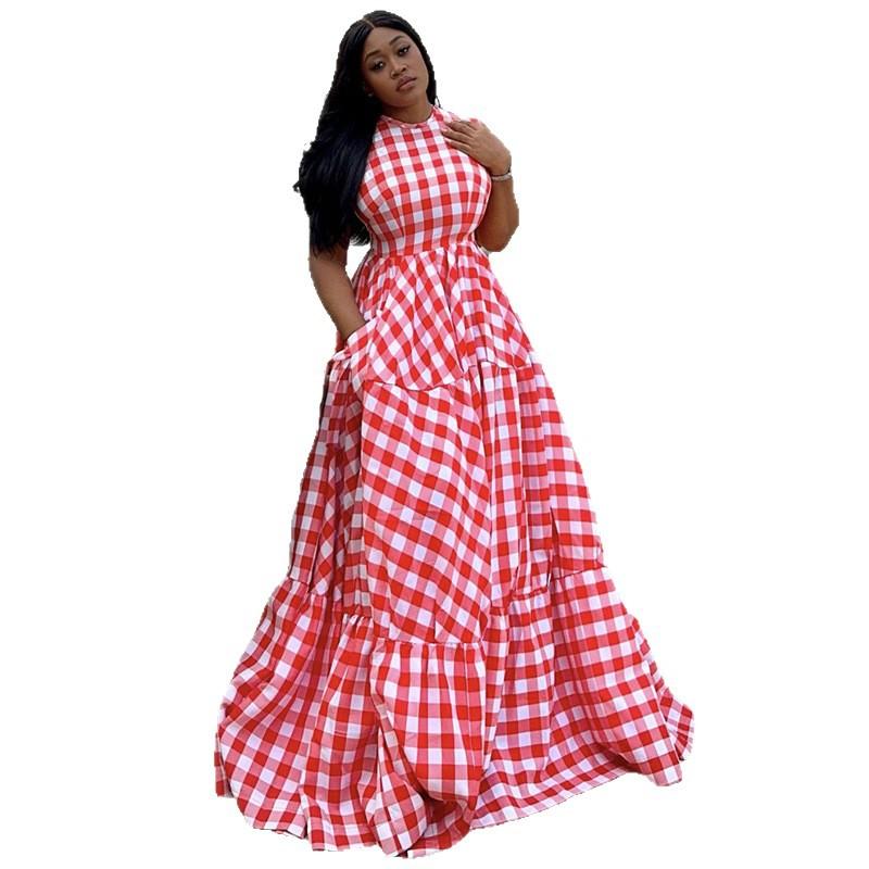 European and American women's clothing spring new fashion fresh plaid slim high waist sleeveless long dress dress